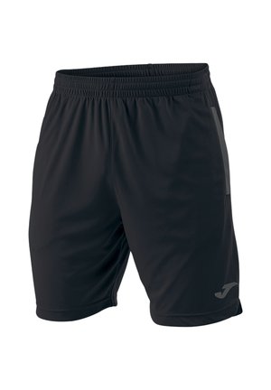 Zwarte sportshorts met elastische tailleband en zijzakken, met een klein logo vlak bij de onderzoom aan één been.