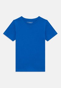 Camiseta de algodón azul de manga corta con cuello redondo y dobladillo recto. Textura suave sin patrones o acentos visibles.