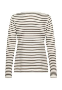 Dlhý rukáv top s bielo-hnedým horizontálnym prúžkovaním, vyrobený z mäkkej, pružnej látky, s okrúhlym výstrihom.