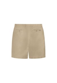 Khaki-Shorts im geraden Schnitt, mit zwei Gesäßtaschen und Knopfverschlüssen sowie einer glatten Textur. Keine sichtbaren Muster oder Designs.