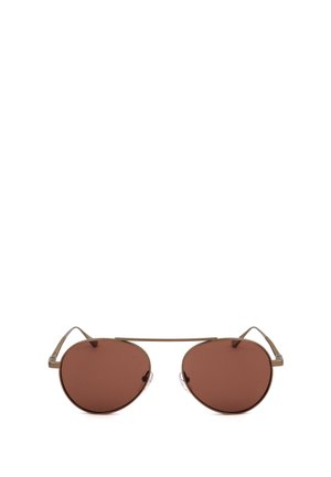 Occhiali da sole aviator tondi con lente color marrone e sottile montatura in metallo con naselli, mostrati frontalmente su sfondo bianco.