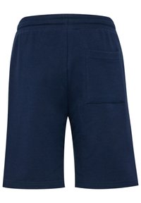 Marinblå bomullsshorts med en slät yta, med elastisk midja och en enda bakficka. Klassisk rak skärning.