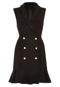 Svart ärmlös klänning med dubbelknäppt design, prydd med pärlknappar och en utsvängd fåll, tillverkad av ett slätt tyg.