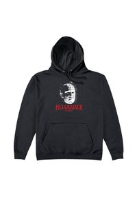Felpa nera con cappuccio con una grafica del volto di un personaggio decorato con spille e la scritta "HELLRAISER" in rosso. Materiale in cotone, tasca frontale.