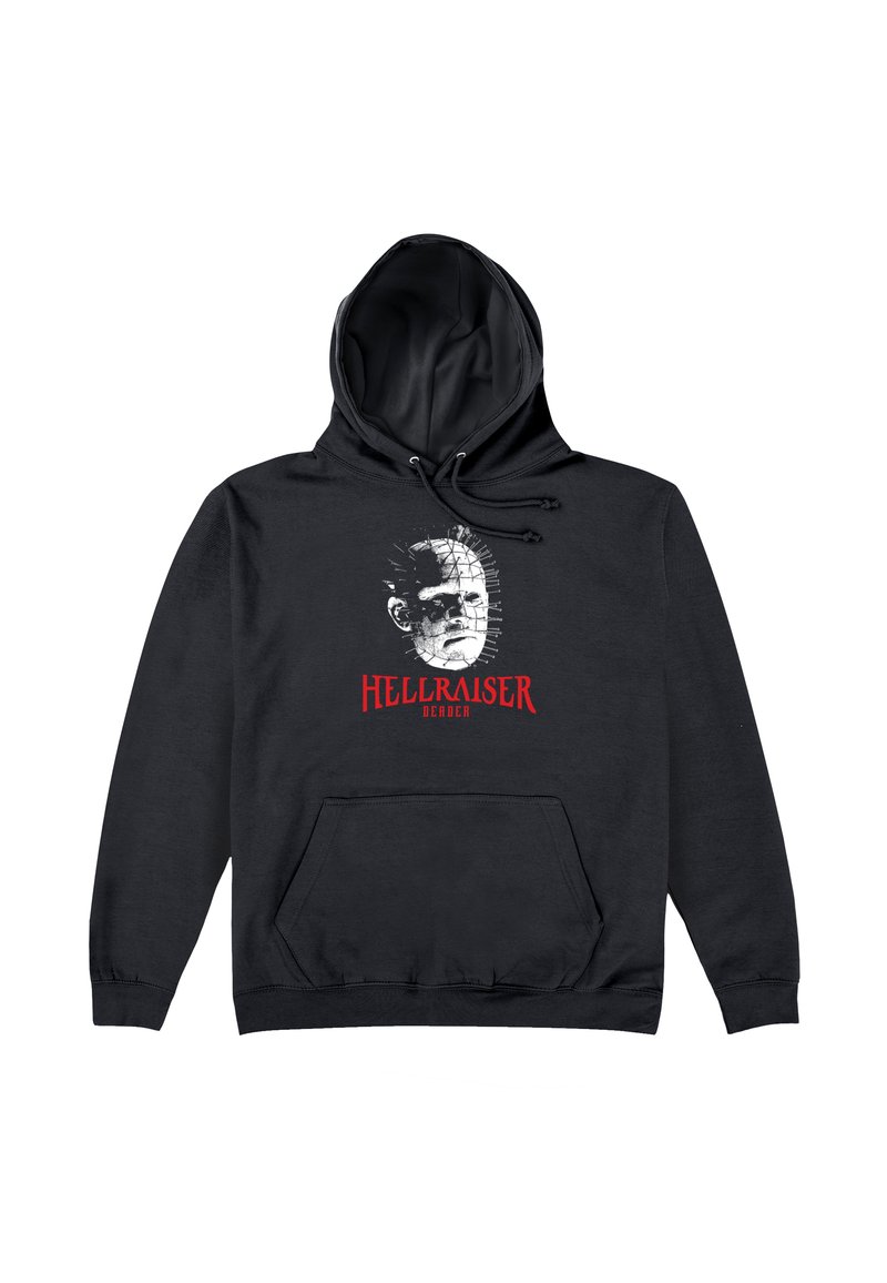Felpa nera con cappuccio con una grafica del volto di un personaggio decorato con spille e la scritta "HELLRAISER" in rosso. Materiale in cotone, tasca frontale.