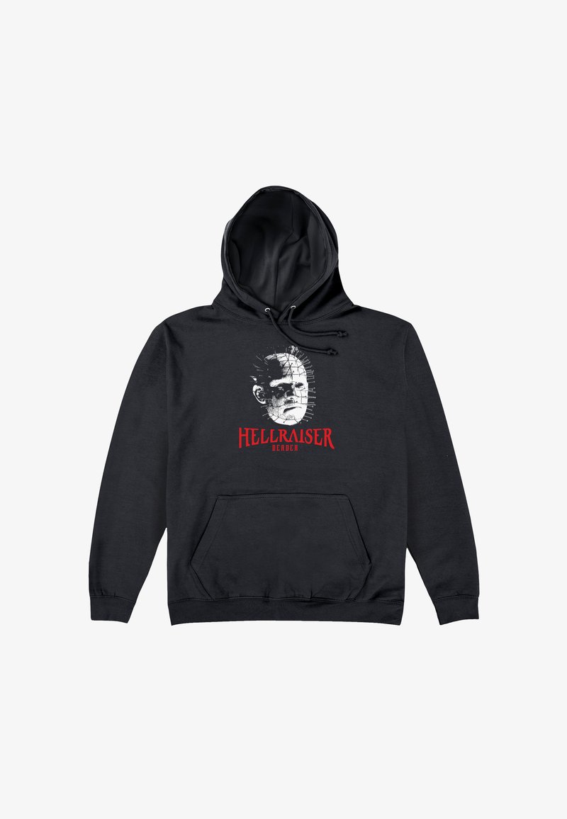 Sudadera negra con un gráfico de la cara de un personaje con alfileres y el texto "HELLRAISER" en rojo. Material de algodón, bolsillo frontal.