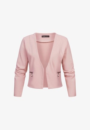 Jachetă scurtă de culoare roz deschis, cu mânecă lungă, deschisă în față și două buzunare cu fermoar. Fabricată dintr-un material neted și flexibil.