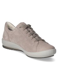 Light gray suede sneaker with round toe, lace fastening, and textured rubber outsole. Minimal design with subtle stitching and smooth accents.
