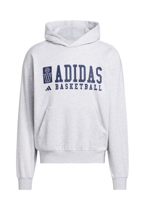 Gray hooded sweatshirt featuring a front kangaroo pocket, navy blue "ADIDAS BASKETBALL" text, and basketball graphic. Soft cotton blend material.