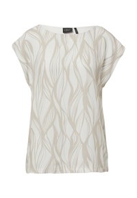 Lichte viscose blouse met een bootnek, voorzien van een beige en witte golvende patroon. Korte mouwen en een relaxed fit.