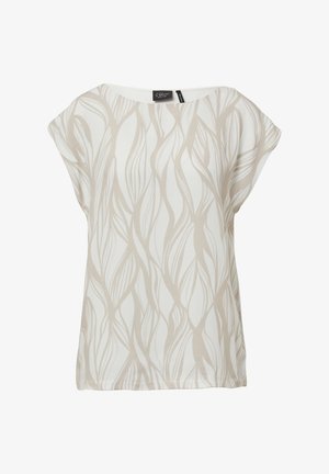 Blouse en viscose légère avec un col bateau, présentant un motif ondulé beige et blanc. Manches courtes et coupe décontractée.