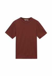 Bordeaux bomulds T-shirt med korte ærmer og rund halsudskæring. Glat tekstur, udekoreret design og standard pasform uden mønstre eller detaljer.