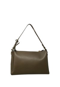 Borsa a tracolla in pelle verde oliva con una texture liscia, chiusura con zip e una tracolla a motivi contrastanti. Presenta dettagli in metallo color oro.