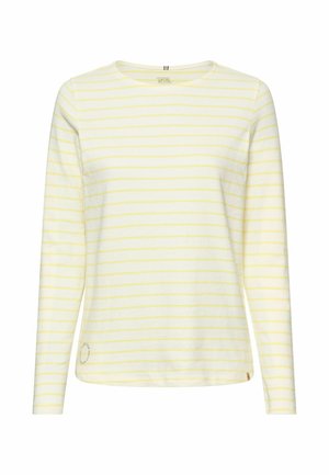 Biała koszula z długim rękawem z cienkimi poziomymi jasnopomarańczowymi paskami i okrągłym dekoltem, prezentowana na jednolitym tle.