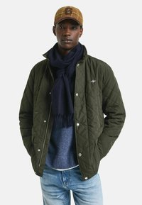 Steppjacke in Olivgrün mit Druckknöpfen, kombiniert mit einem marineblauen Schal und einer strukturierten Mütze. Getragen über einem blauen Pullover und hellen Jeans.