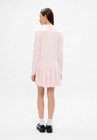 Svetloružové šaty s dlhými rukávmi, skladanou sukňou a golierom. Vyrobené z mäkkého materiálu, s hladkou textúrou, a siahajú po strednú časť stehna.