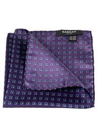 Lilla siidist tasku ruut, millel on geomeetriline muster väikestest sinistest ruutudest. Sile tekstuur kerge läikiva viimistlusega.