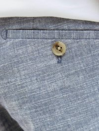 Szürke vászon anyag textúrált mintázattal, egy barna gombbal és derékrésszel. A design egyszerű és letisztult.