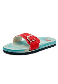Red leather slide sandal featuring a metallic buckle, textured black rubber sole, and a light blue patterned footbed.