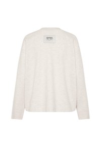 Light beige, long-sleeve sweatshirt made of soft material. Features a rectangular label on the upper back with brand text.