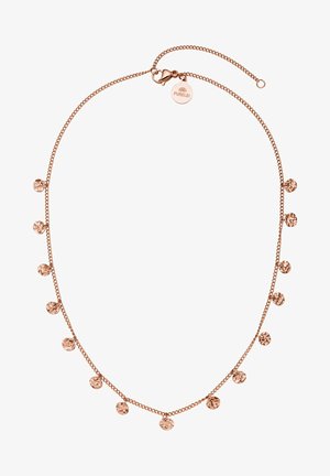 Halskette aus roségold mit einer zarten Kette, an der gleichmäßig verteilte runde, texturierte Anhänger hängen. Verstellbarer Verschluss inklusive.