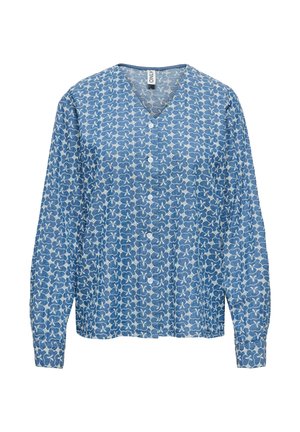 Plava košulja dugih rukava s V-izrezom, s bijelim cvjetnim uzorkom, zatvaranjem na gumbe sprijeda i teksturiranim materijalom.