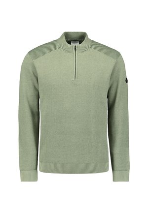 Lichtgroene gebreide pullover met een halve rits en ribgebreide kraag, manchetten en zoom, voorzien van gestreepte schouderpanelen en een klein mouwlabel.