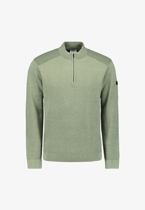 Lichtgroene gebreide pullover met een halve rits en ribgebreide kraag, manchetten en zoom, voorzien van gestreepte schouderpanelen en een klein mouwlabel.