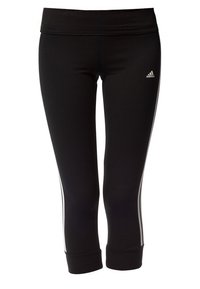 Leggings atletici neri realizzati in tessuto elastico, con una fascia alta in vita, strisce bianche ai lati e un piccolo logo sulla coscia.