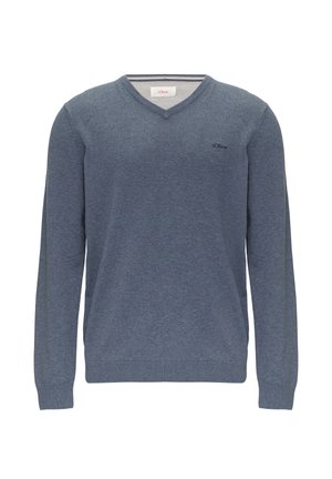 Pull bleu à col en V, en tissu tricoté doux, avec des manches longues et un ourlet côtelé. Comprend un logo discret sur la poitrine.