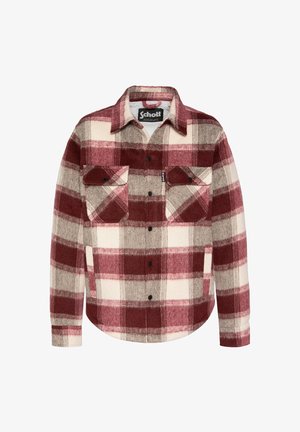 Camicia a quadretti rossa e beige in lana, con chiusura a bottoni, due tasche sul petto e orlo arrotondato. Etichetta del marchio Schott sul colletto.