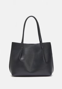 Black leather tote bag with smooth texture, two long handles, and wide body, featuring a minimalist design without visible hardware or accents.