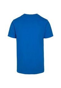 Blå bomulds t-shirt med rund halsudskæring og korte ærmer, med en glat tekstur og ensfarvet, uden designs eller mønstre.