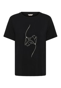 Fekete rövid ujjú póló, amelyen elöl középen két absztrakt virág egyszerű fehér vonalrajza látható.