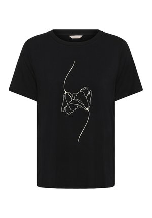 Fekete rövid ujjú póló, amelyen elöl középen két absztrakt virág egyszerű fehér vonalrajza látható.