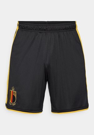 Černé sportovní šortky s žlutými bočními pruhy a texturovaným povrchem. Obsahují logo s korunou a vyšitým nápisem "Royal Belgian FA 1895".