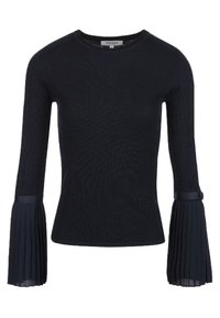 Haut noir à manches longues en maille avec encolure ronde et poignets plissés et évasés, attachés par des bandes étroites noires.