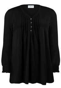 Svart långärmad blus med V-hals, plisserad front, fem-knapplist och smockade ärmslut. Tillverkad av mjukt tyg.