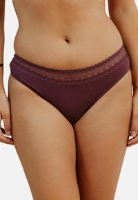 Culotte de bikini en coton bourgogne avec une ceinture en dentelle festonnée. Le tissu est lisse et le design présente une taille basse.
