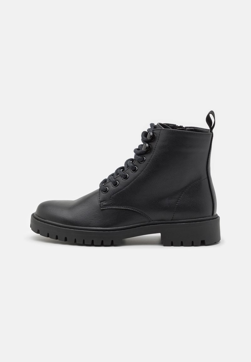 Black leather ankle boot with a rounded toe, lace-up front, and textured rubber sole. Features a small pull tab at the back.