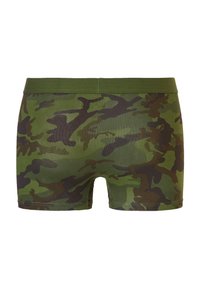 Camouflage boxershorts in groene en bruine tinten, met een effen groene tailleband. Gemaakt van een gladde, rekbare stof en biedt een fijne pasvorm.