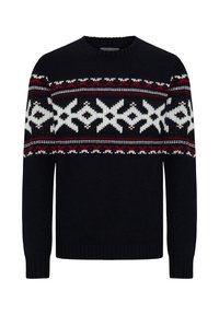 Czarny dzianinowy sweter z wzorzystym karczkiem ozdobionym geometrycznymi motywami w kolorach czerwonym, białym i niebieskim. Klasyczny okrągły dekolt i ściągacze na rękawach.