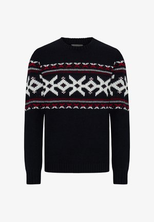 Maglione nero lavorato a maglia con un bordo decorato da motivi geometrici in rosso, bianco e blu. Collo rotondo classico e polsini a coste.