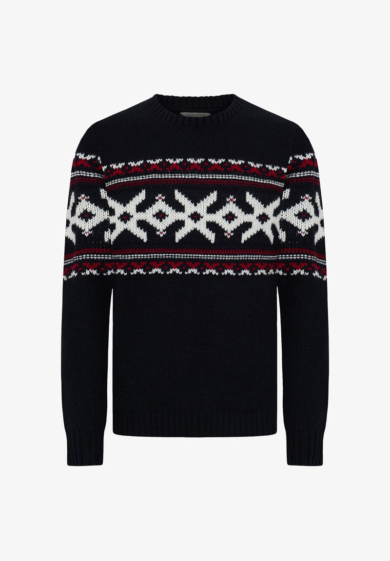 Maglione nero lavorato a maglia con un bordo decorato da motivi geometrici in rosso, bianco e blu. Collo rotondo classico e polsini a coste.