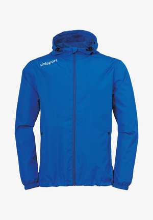 Chaqueta cortavientos azul con cremallera frontal, capucha ajustable, puños elásticos y el logo "uhlsport" en el lado izquierdo del pecho. Tejido ligero.