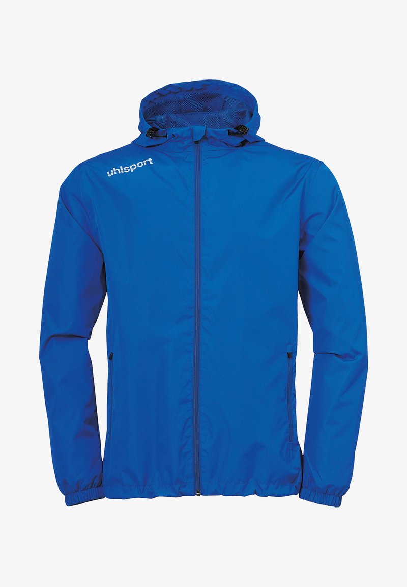 Blauwe windbreakerjas met een ritssluiting aan de voorkant, verstelbare capuchon, elastische manchetten en het logo "uhlsport" op de linkerborst. Lichtgewicht stof.