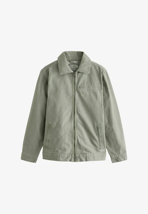 Light green jacket made of sturdy cotton material, featuring a zip front, pointed collar, side pockets, and a small chest pocket.