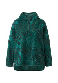 Bluza z kapturem z polaru w kolorze morskim z półzamkiem, ozdobiona kwiatowym i abstrakcyjnym wzorem. Projekt zawiera teksturowane akcenty i luźny krój.