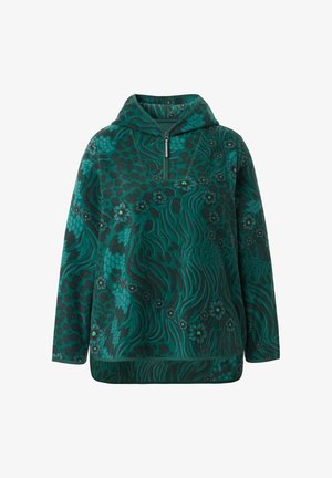 Felpa con cappuccio in pile turchese con mezza cerniera, caratterizzata da un motivo floreale e astratto. Il design include dettagli testurizzati e una vestibilità comoda.