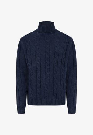 Dunkelblauer, gestrickter Rollkragenpullover mit einem Kabelstrickmuster, gerippten Bündchen und Saum, aus weichem, strukturiertem Material gefertigt.